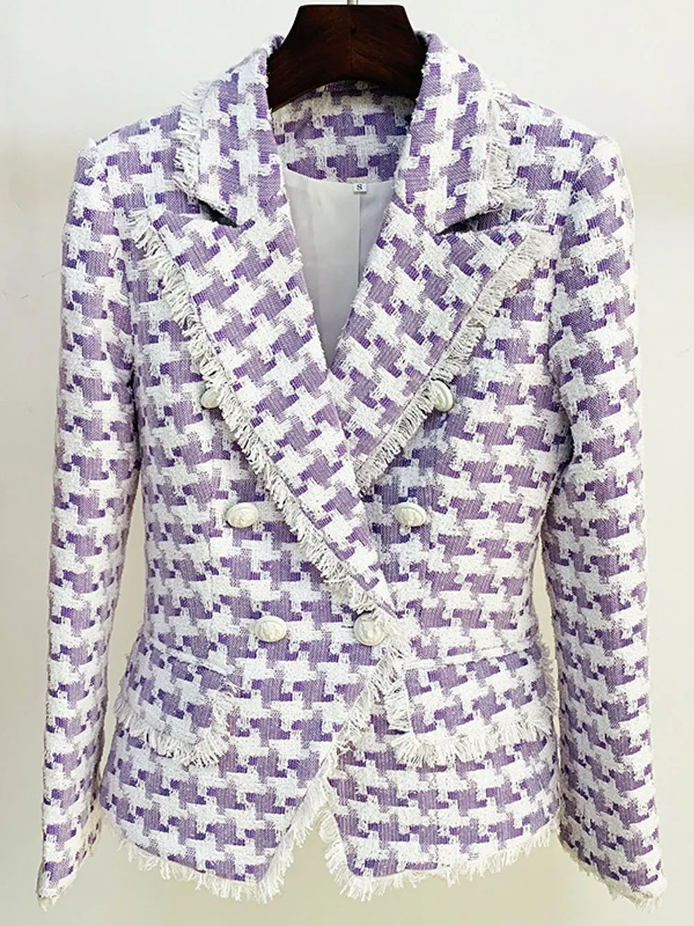 Tassel Fringed Houndstooth Blends Tweed Blazer in Purple