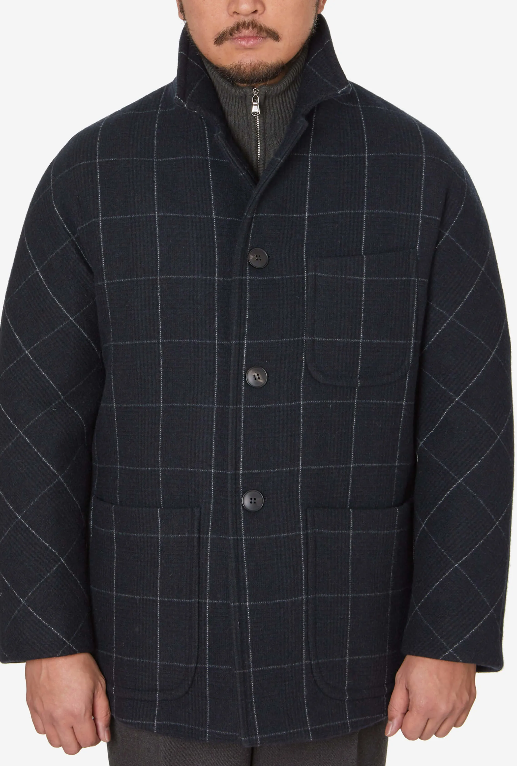 Three Bucket Pocket Jacket Navy Grey Overcheck