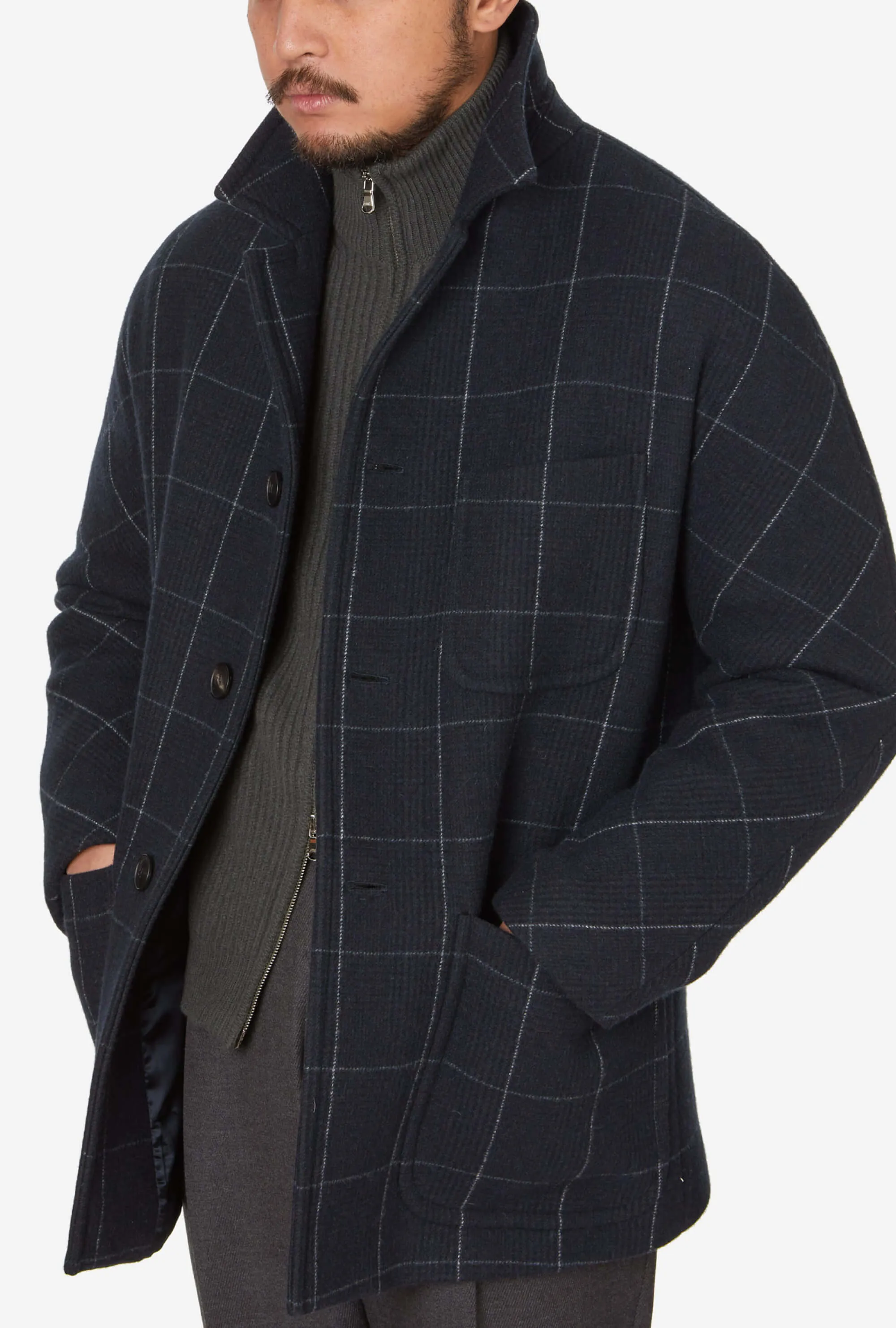 Three Bucket Pocket Jacket Navy Grey Overcheck