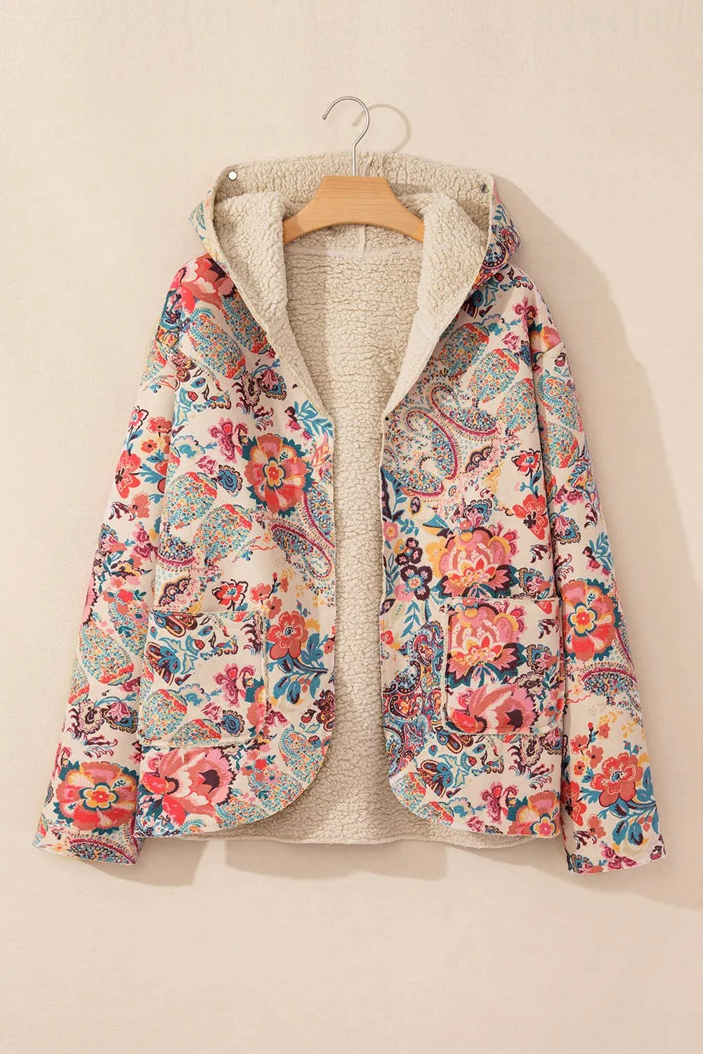 Vintage Vibes Paisley Floral Printed Sherpa Lined Hooded Jacket