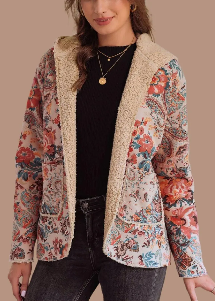 Vintage Vibes Paisley Floral Printed Sherpa Lined Hooded Jacket