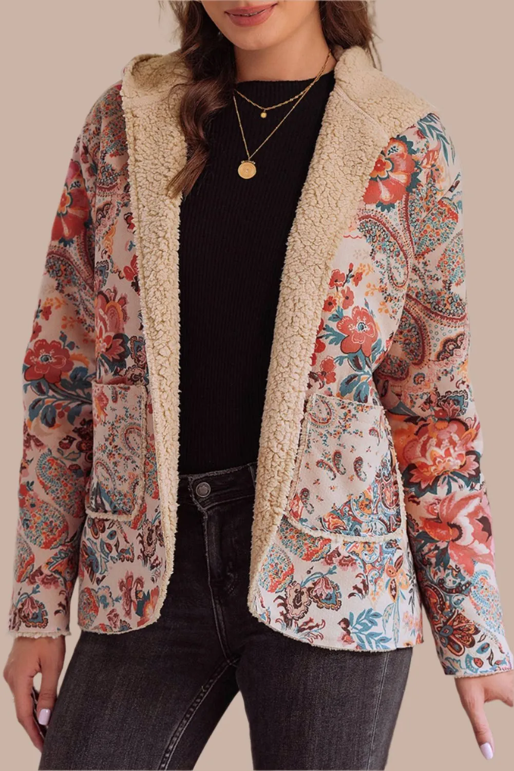 Vintage Vibes Paisley Floral Printed Sherpa Lined Hooded Jacket