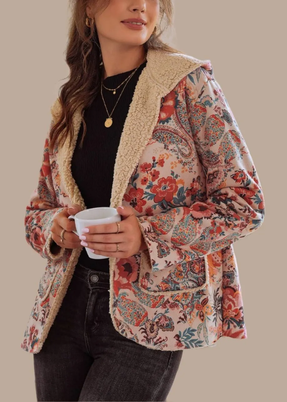 Vintage Vibes Paisley Floral Printed Sherpa Lined Hooded Jacket