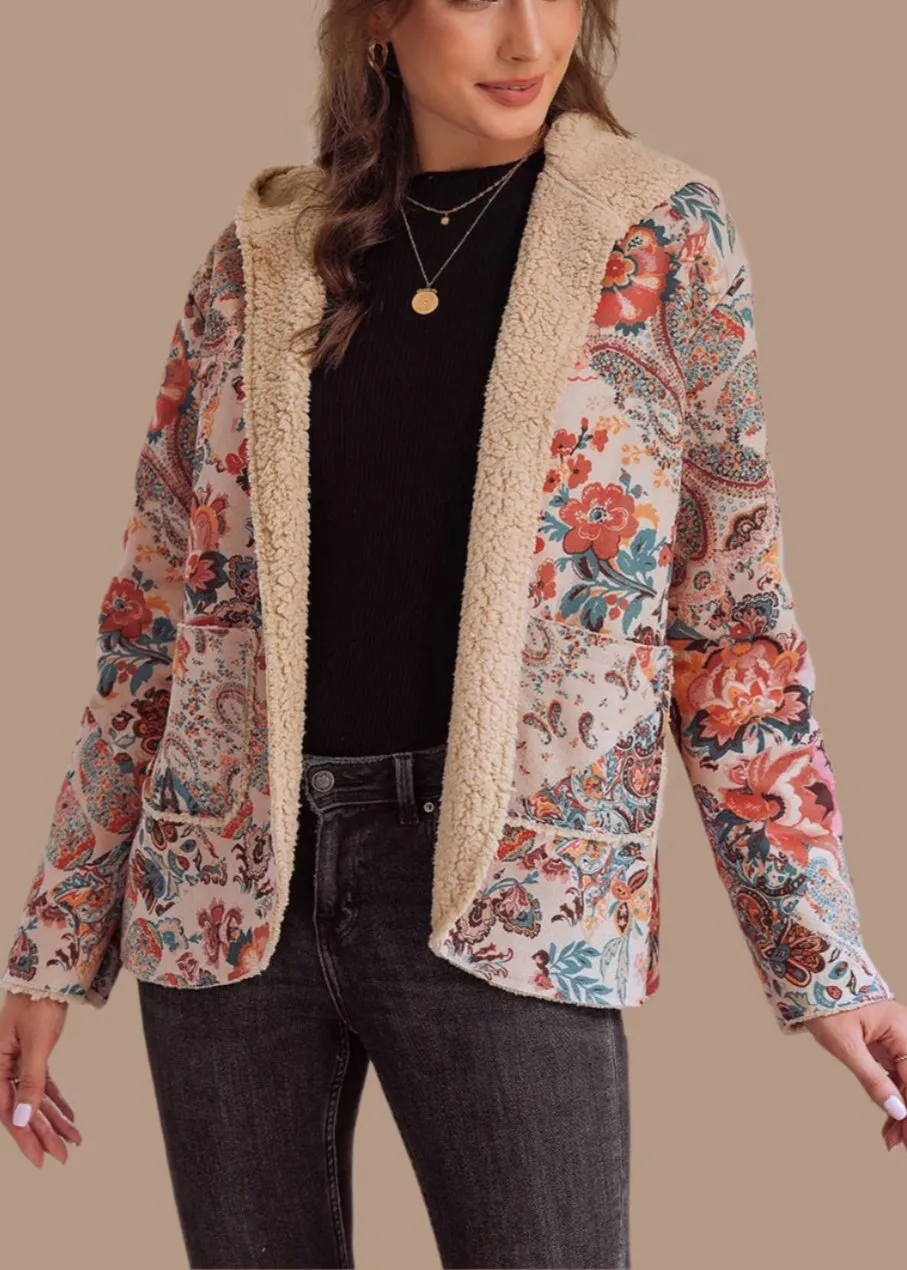 Vintage Vibes Paisley Floral Printed Sherpa Lined Hooded Jacket