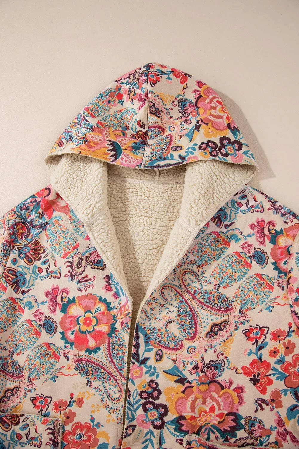 Vintage Vibes Paisley Floral Printed Sherpa Lined Hooded Jacket