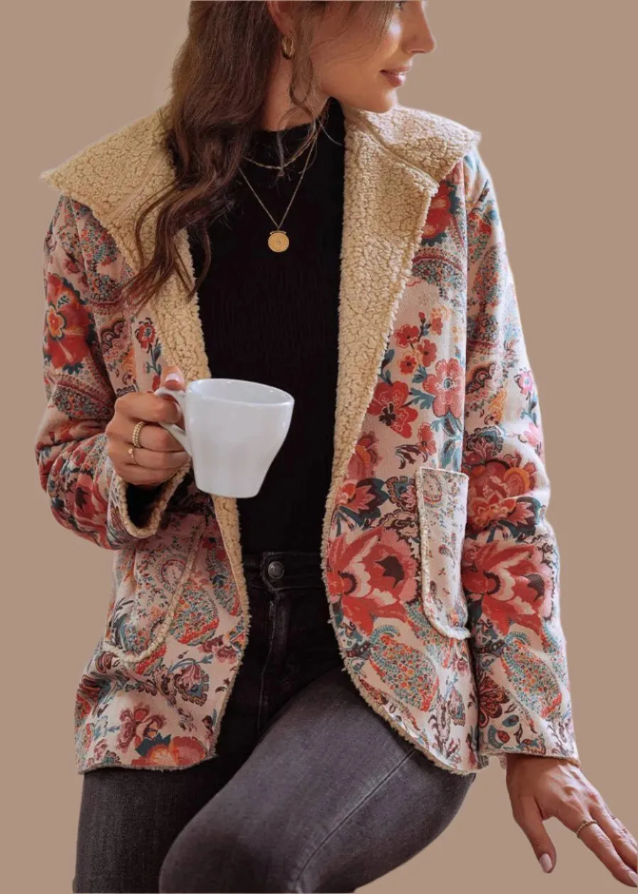 Vintage Vibes Paisley Floral Printed Sherpa Lined Hooded Jacket