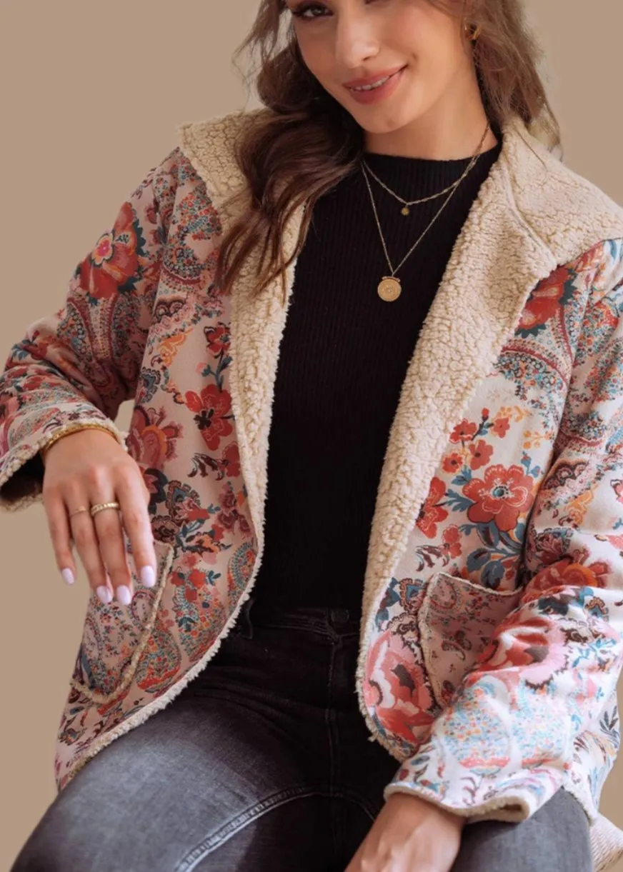 Vintage Vibes Paisley Floral Printed Sherpa Lined Hooded Jacket