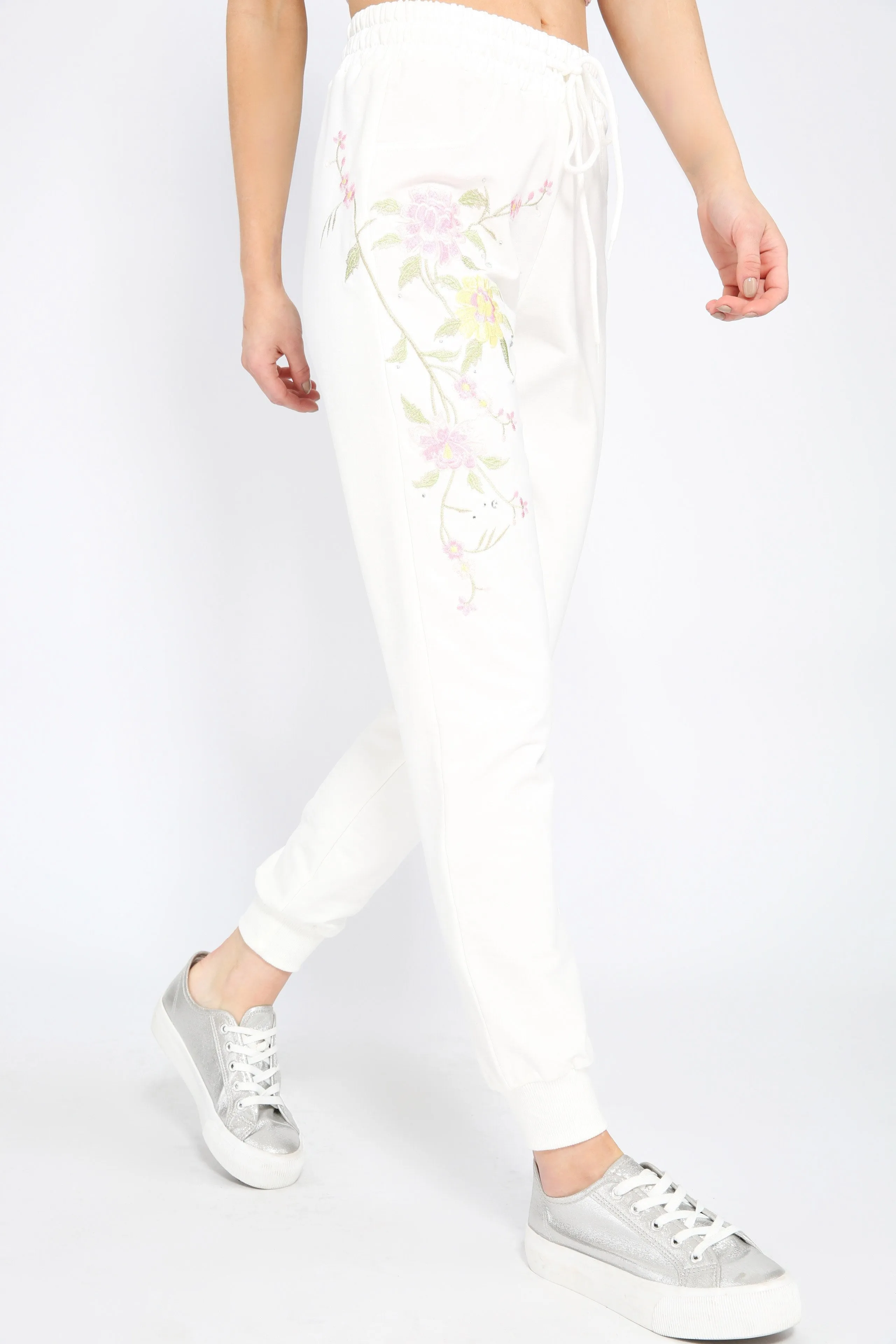 White Floral Diamante Joggers