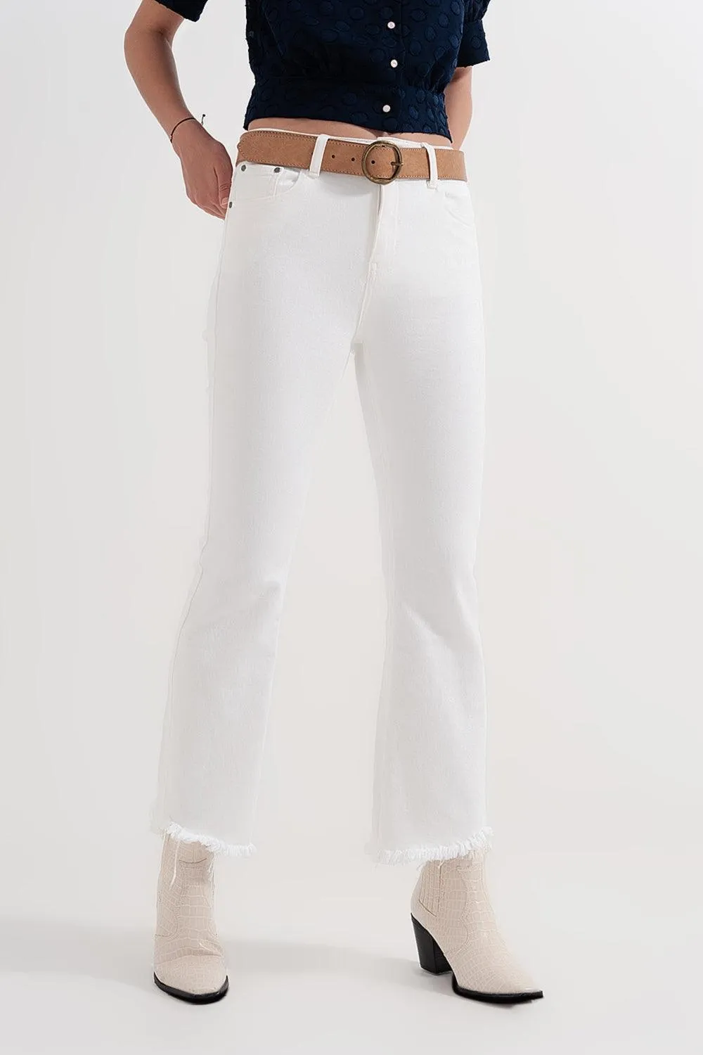 White Frayed Hem Wide Ankle Jeans