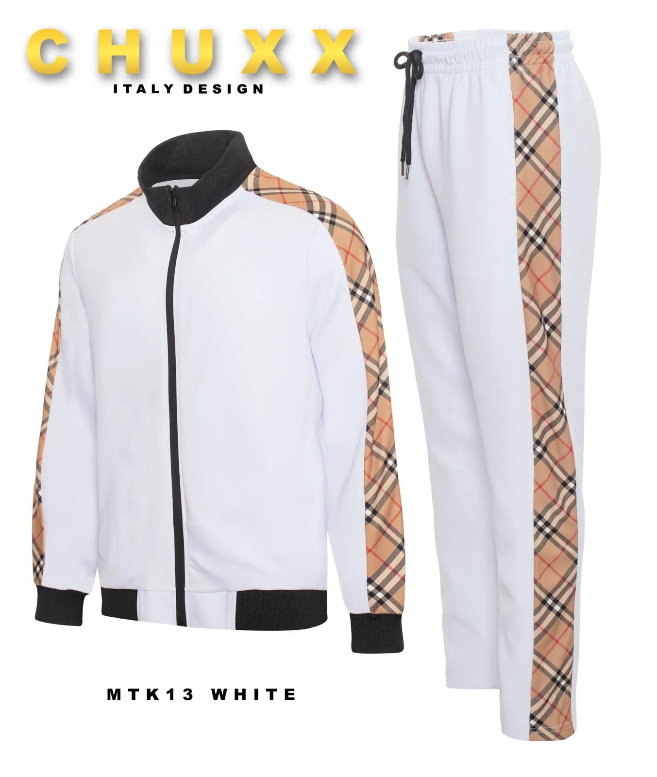 White Men's Tracksuit 2-Piece Luxury Design Jacket & Pants Matching Set Style No: MTK13