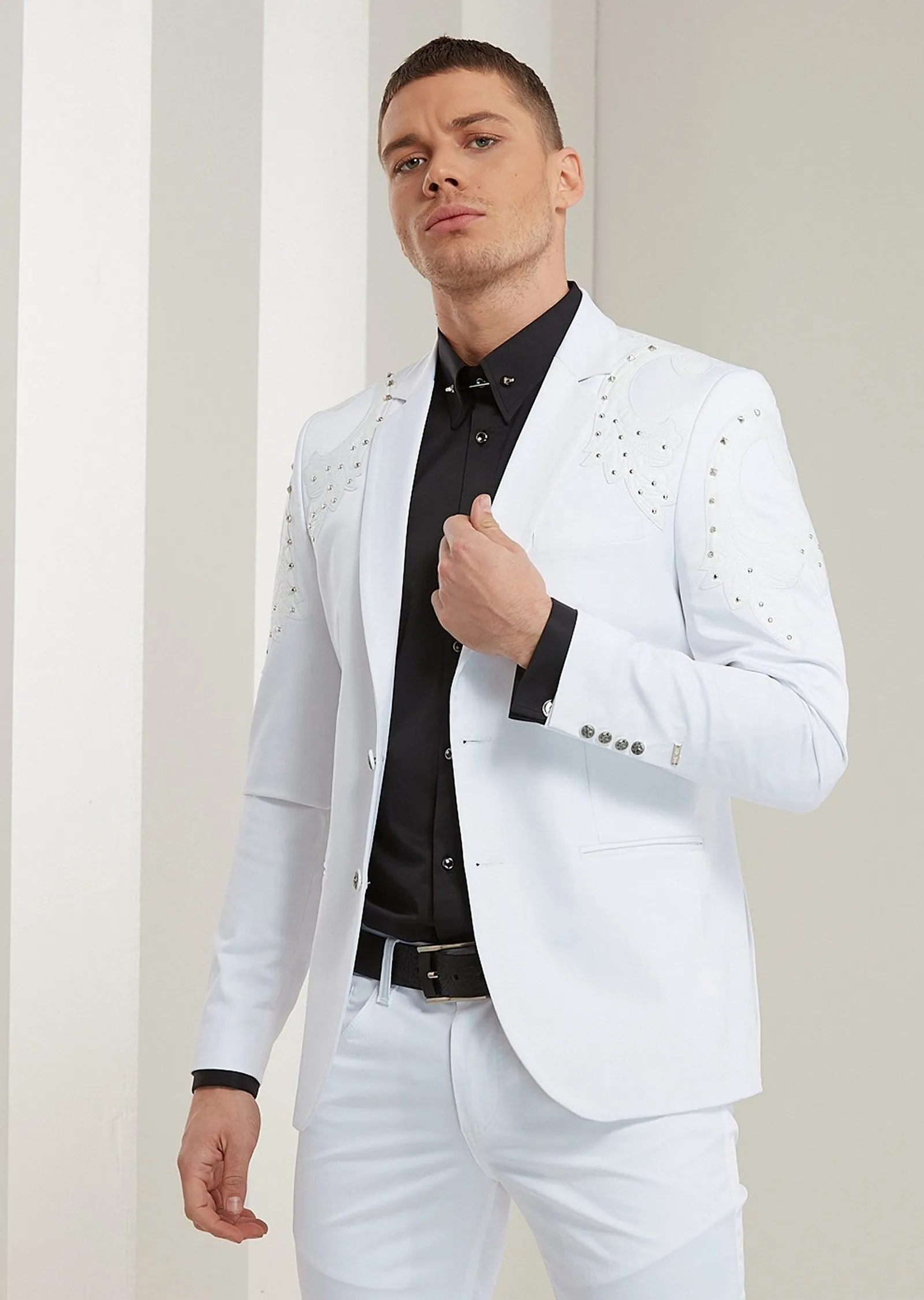 White Silver Studded Motif Blazer