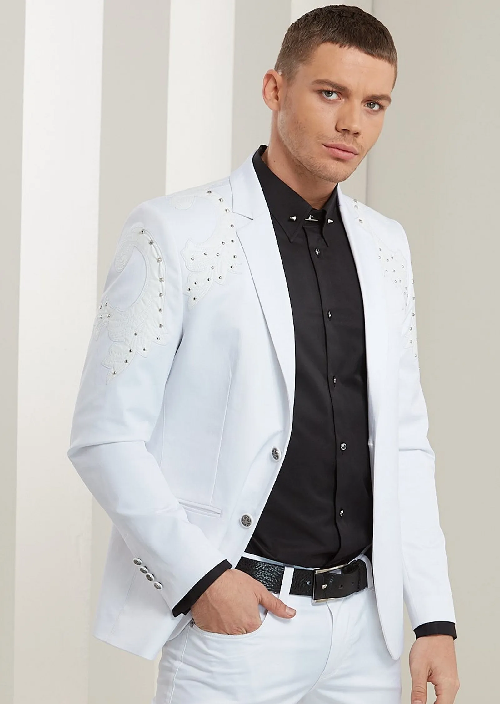 White Silver Studded Motif Blazer