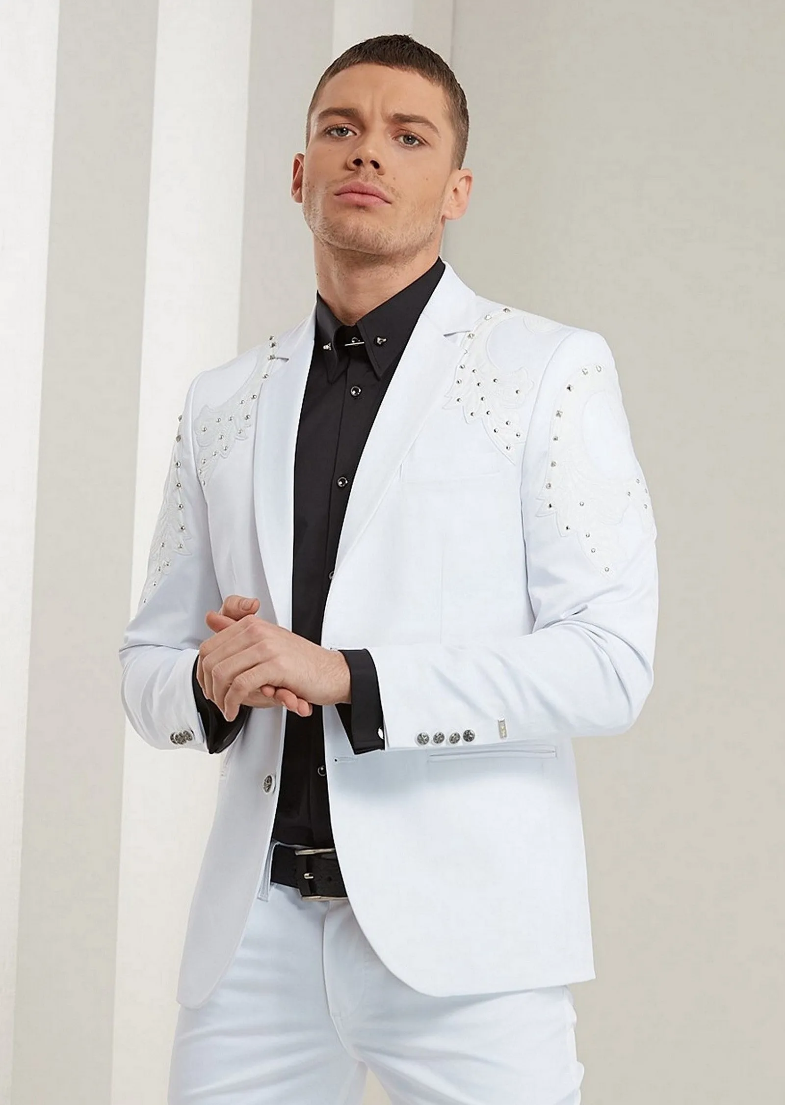 White Silver Studded Motif Blazer