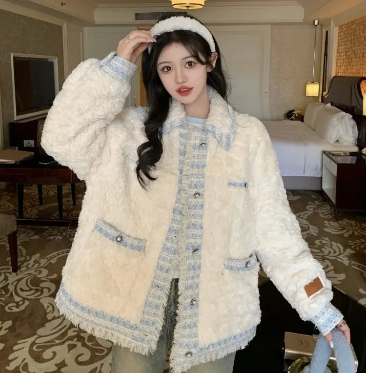 Winter Luxury Elegant Chic Plush White Blue Quilted Jacket