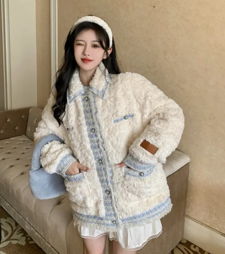 Winter Luxury Elegant Chic Plush White Blue Quilted Jacket