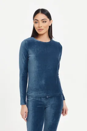 Women Blue Velour Sweatshirt With Drawstring