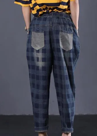 women new navy plaid cotton casual pant vintage elastic waist pants