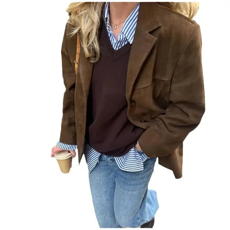 Women's Artistic Retro Fashion Brown Lapel Jacket