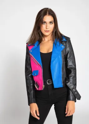 Women'S Block Print Faux Leather Jacket - Pink/Blue