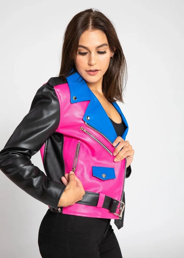 Women'S Block Print Faux Leather Jacket - Pink/Blue