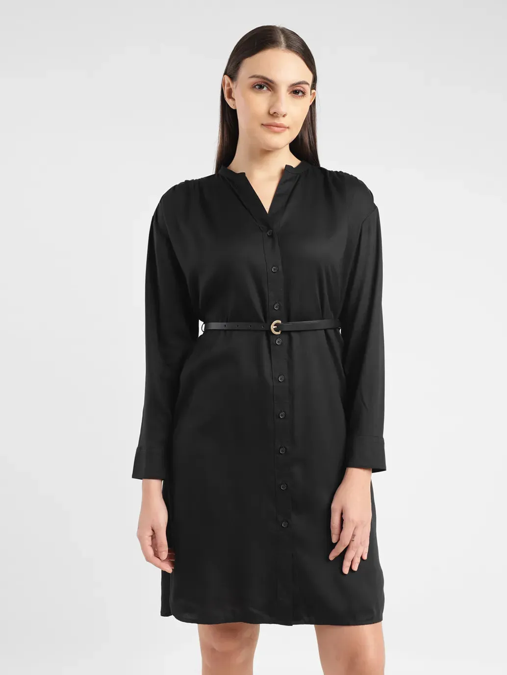 Women's Solid Black Band Neck Dress