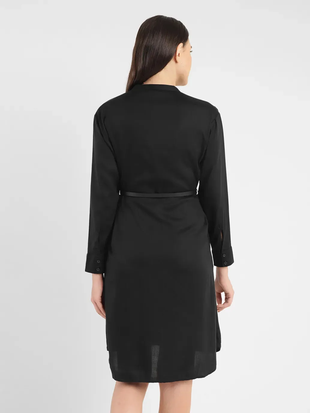 Women's Solid Black Band Neck Dress